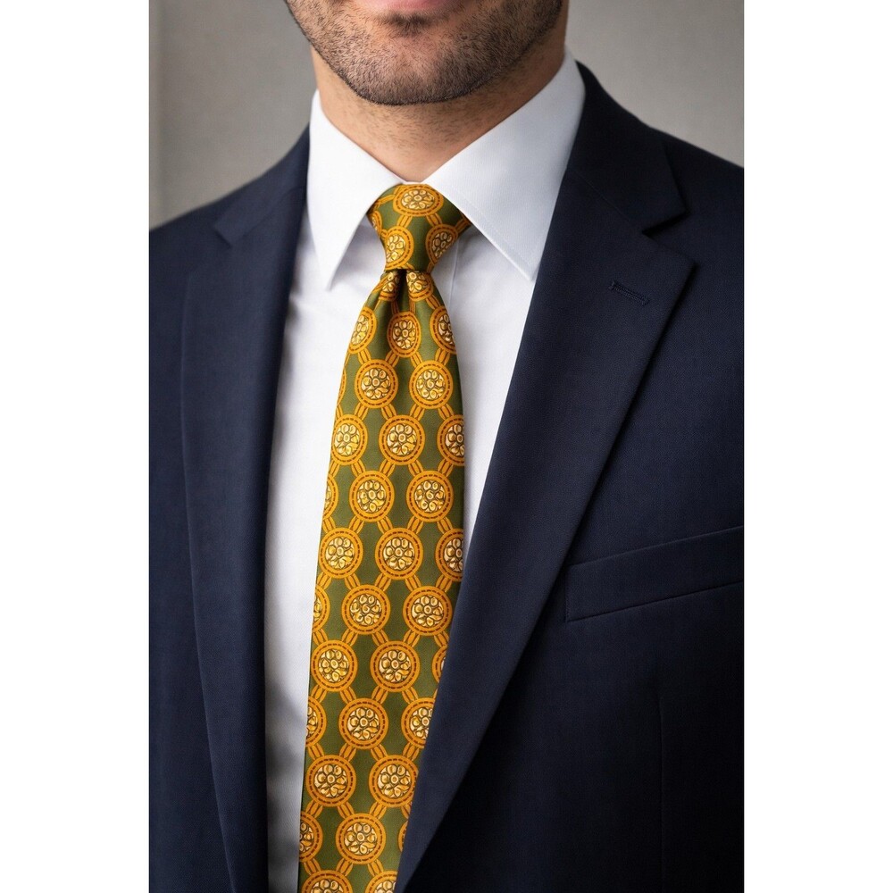 Tie 70s 80s 90s Y2K Sears Mens Shop Silk Green Yellow Ivory 3.75 Wide 62 Long